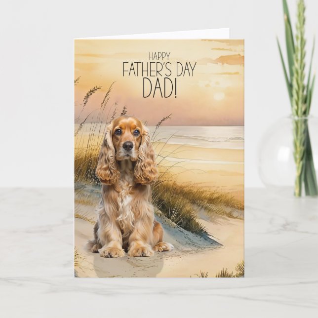 Tarjeta Festiva Perro Cocker Spaniel Atardecer Playa Día del Padre (Anverso)