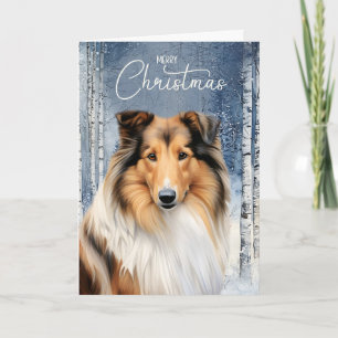 Tarjeta Festiva Perro Collie Áspero Bosque de Aspen Invernal Navid