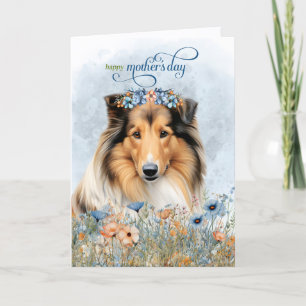 Tarjeta Festiva Perro Collie Áspero Flores Silvestres Día de la Ma