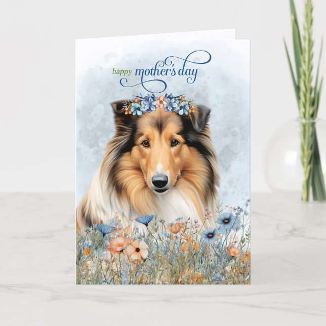 Tarjeta Festiva Perro Collie Áspero Flores Silvestres Día de la Ma (Anverso)