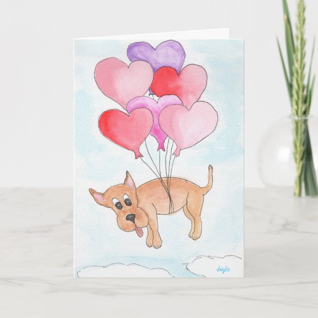 Tarjeta Festiva Perro con globos de corazón (Anverso)