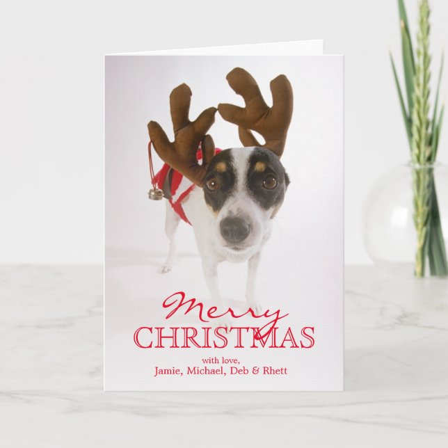 Tarjeta Festiva Perro con las astas y Bell (Anverso)