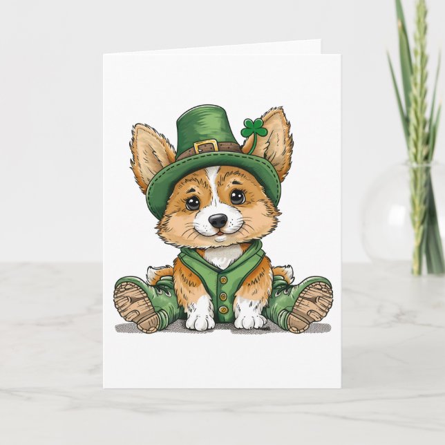 Tarjeta Festiva Perro Corgi del Día de San Patricio (Anverso)