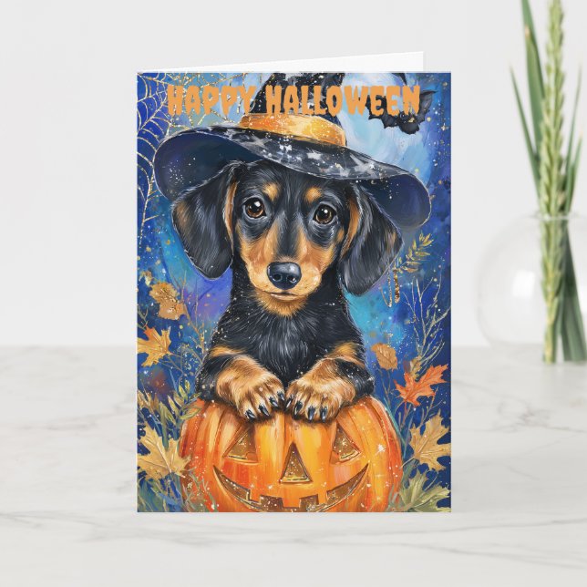 Tarjeta Festiva Perro Dachshund de Halloween (Anverso)