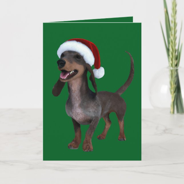 Tarjeta Festiva Perro Dachshund Sausage listo para vacaciones con  (Anverso)