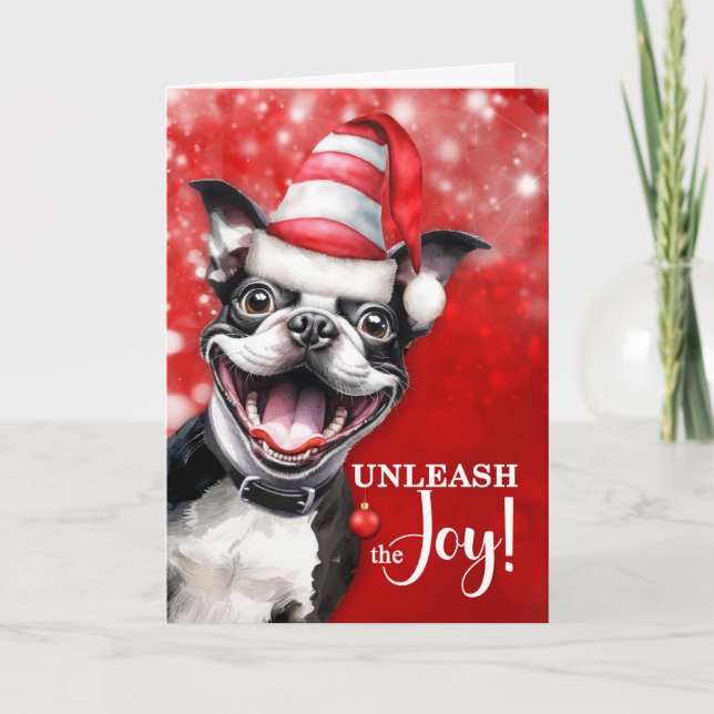 Tarjeta Festiva Perro de Boston Terrier desata a los Navidades de  (Anverso)