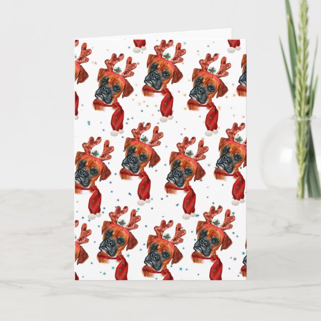 Tarjeta Festiva Perro de boxeador con renos Navidades (Anverso)