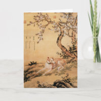 Perro de caza chino vintage bajo flores de melocot