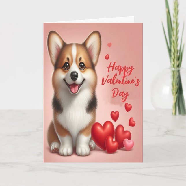 Tarjeta Festiva Perro de Corgi galés feliz Día de San Valentín (Anverso)