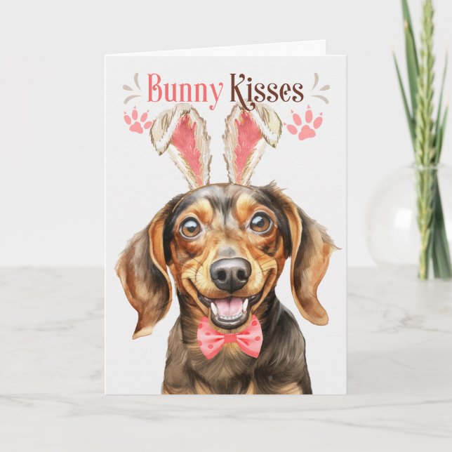 Tarjeta Festiva Perro de Dachshund en las orejas de los conejitos  (Anverso)