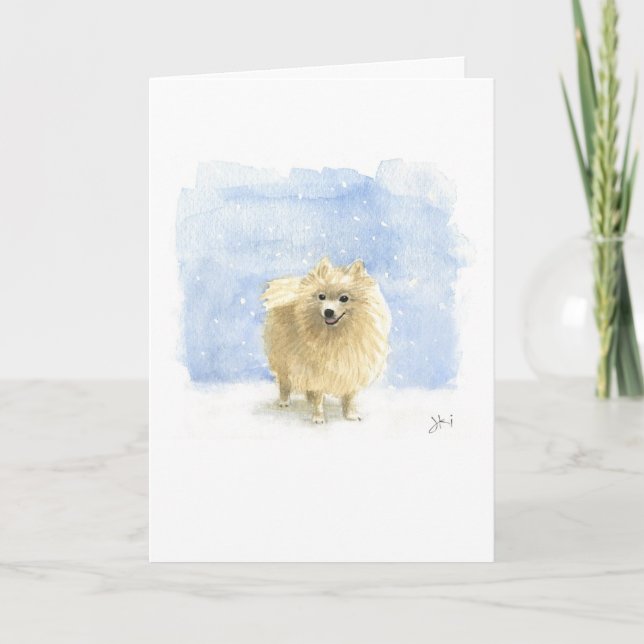 Tarjeta Festiva Perro de Eskie Pomeraniano Blanco en la nieve de i (Anverso)