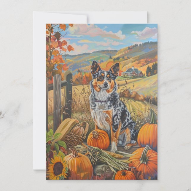 Tarjeta Festiva Perro de ganado australiano cosecha otoño Acción d (Anverso)