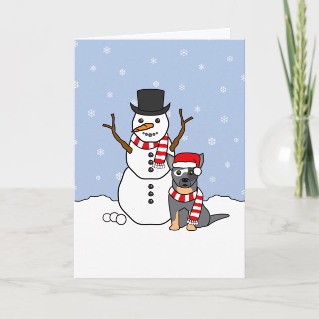 Tarjeta Festiva Perro de ganado australiano y Snowman (Anverso)