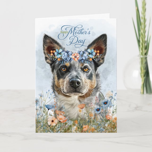Tarjeta Festiva Perro de ganado con Día de la Madre de las Flores  (Anverso)