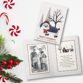 Tarjeta Festiva Perro de invierno y Navidades de árboles foto dobl