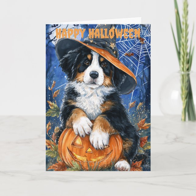 Tarjeta Festiva Perro de montaña bernés de Halloween (Anverso)