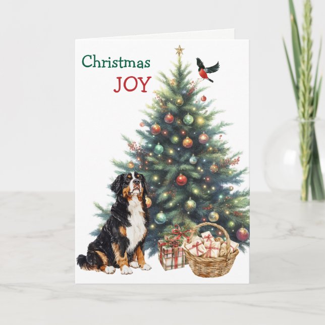 Tarjeta Festiva Perro de montaña, Bullfinch y Árbol de vacaciones (Anverso)