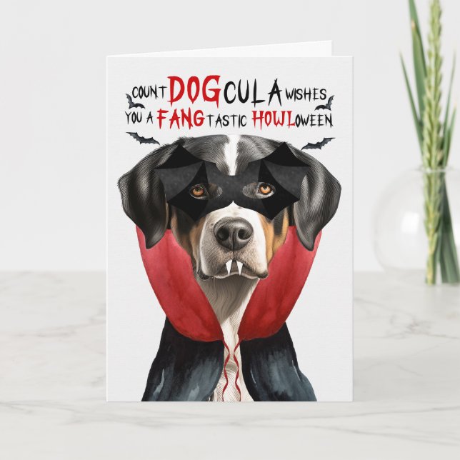 Tarjeta Festiva Perro de montaña suizo gracioso conde DOGcula Hall (Anverso)