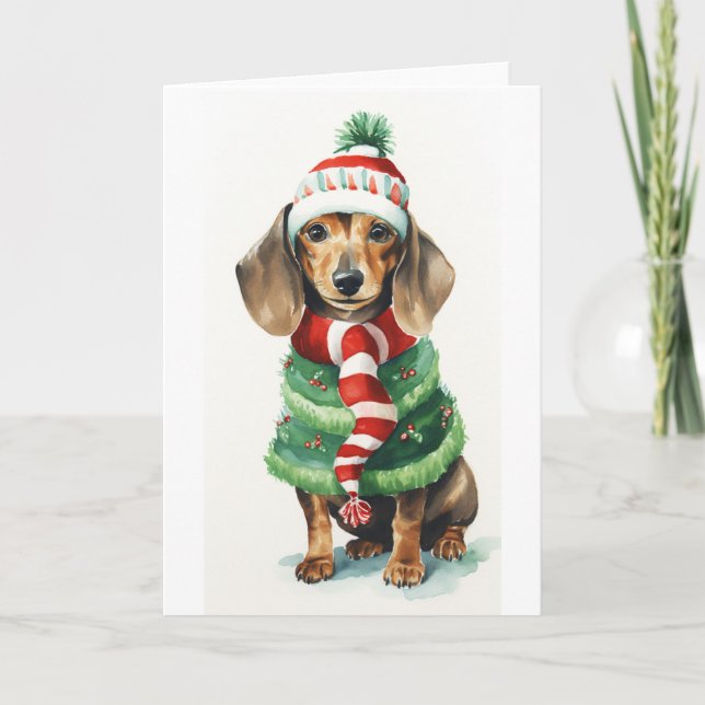 Tarjeta Festiva Perro de Navidad, Daschund (doxy) de las Fiestas (Anverso)