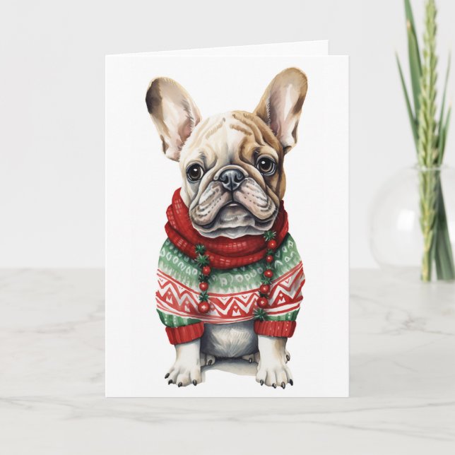 Tarjeta Festiva Perro de Navidad, Frenchie de Fiesta, Bulldog BLAN (Anverso)