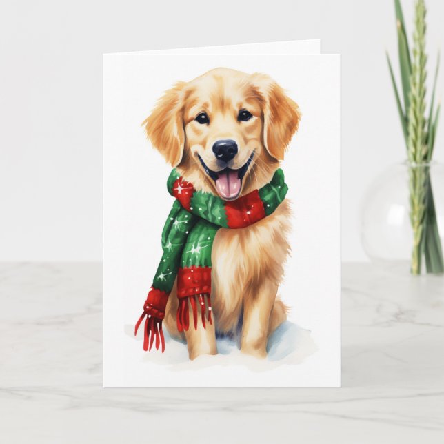 Tarjeta Festiva Perro de Navidad, Golden Retriever de las Fiestas, (Anverso)