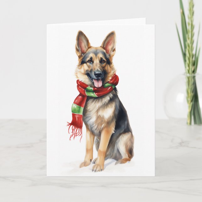 Tarjeta Festiva Perro de Navidad, Pastor Alemán de Vacaciones BLAN (Anverso)