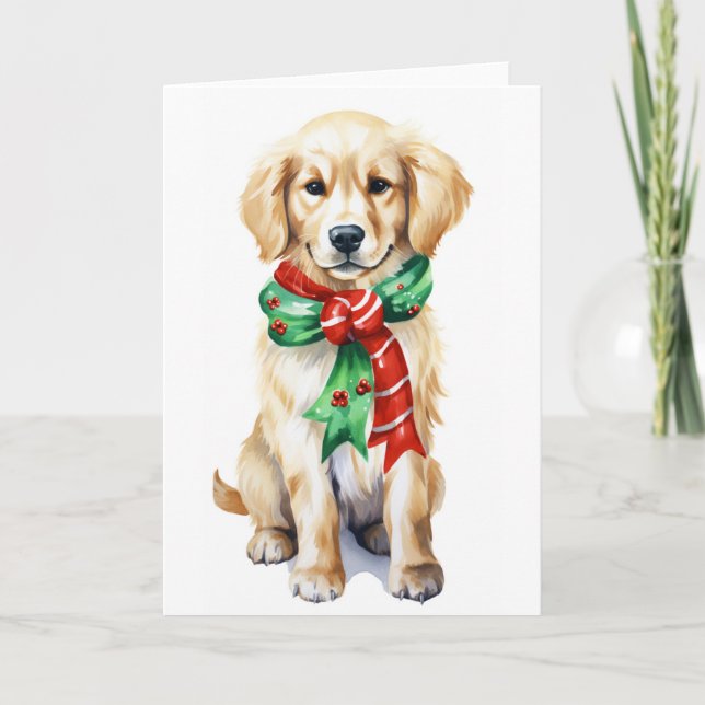 Tarjeta Festiva Perro de Navidad, Perro de las Fiestas, Golden Ret (Anverso)