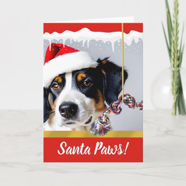 Tarjeta Festiva Perro de Navidades de Santa Paws en la nieve (Anverso)