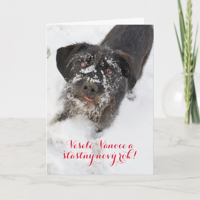 Tarjeta Festiva Perro de Navidades en idioma checo personalizado (Anverso)