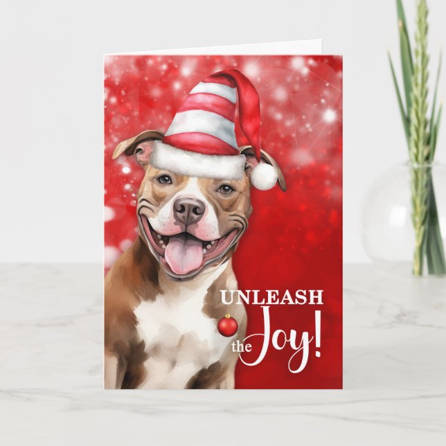 Tarjeta Festiva Perro de Pit Bull Terrier desata a los Navidades d (Anverso)
