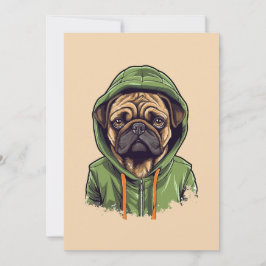 Tarjeta Festiva Perro de Pug con capucha verde