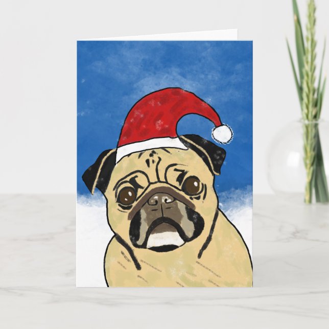 Tarjeta Festiva Perro de pug en Navidades de nieve retrato de arte (Anverso)