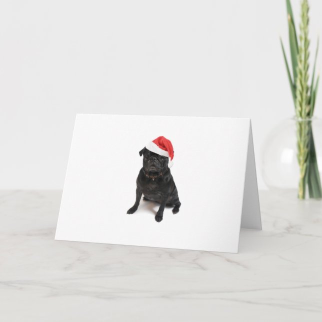 Tarjeta Festiva Perro de pug negro con sombrero de santa roja (Anverso)
