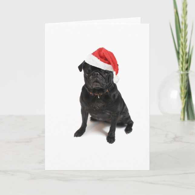 Tarjeta Festiva Perro de pug negro con sombrero de santa roja (Anverso)