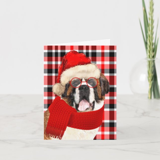 Tarjeta Festiva Perro de San Bernardo y Navidades de la Red Plaid (Anverso)