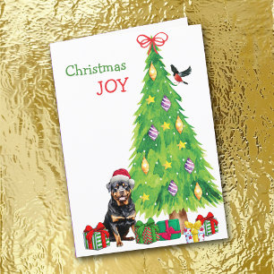 Tarjeta Festiva Perro de Santa Hat Rottweiler, ave y árbol de Navi