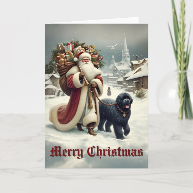 Tarjeta Festiva Perro de Terranova y Santa estilo antiguo (Anverso)