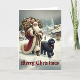 Tarjeta Festiva Perro de Terranova y Santa estilo antiguo