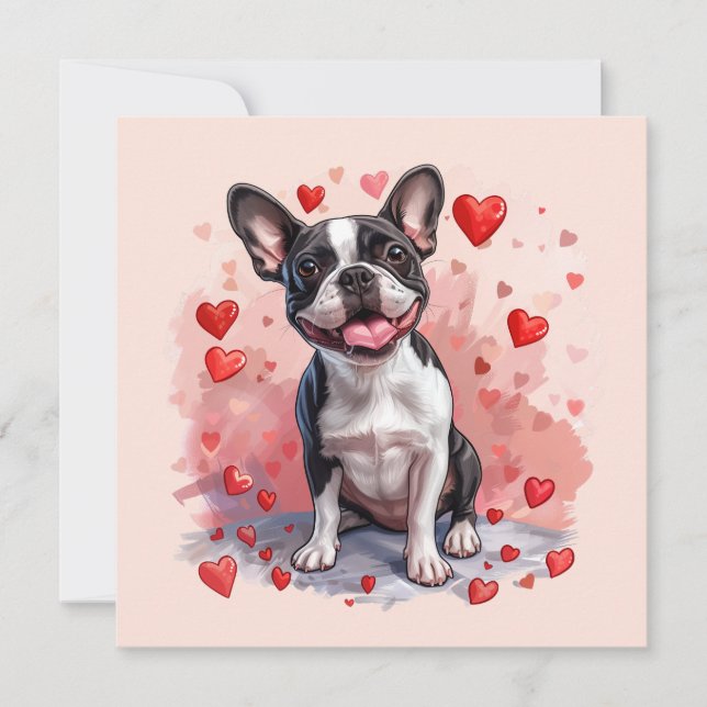 Tarjeta Festiva Perro del día de San Valentín Boston Terrier (Anverso)