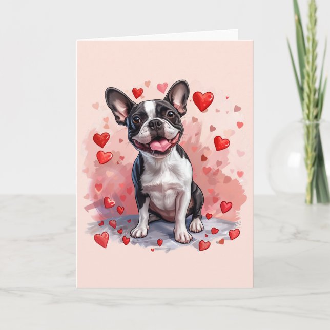 Tarjeta Festiva Perro del día de San Valentín Boston Terrier (Anverso)