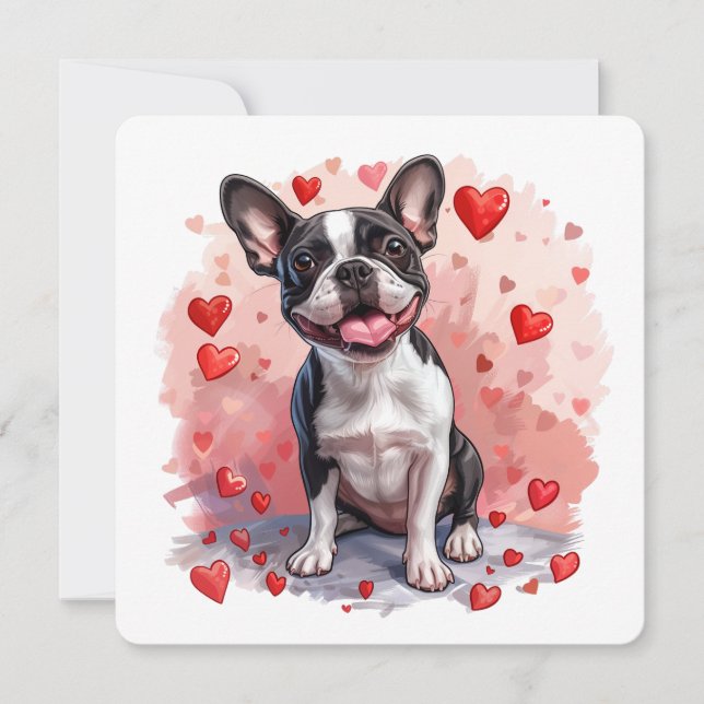 Tarjeta Festiva Perro del día de San Valentín Boston Terrier (Anverso)