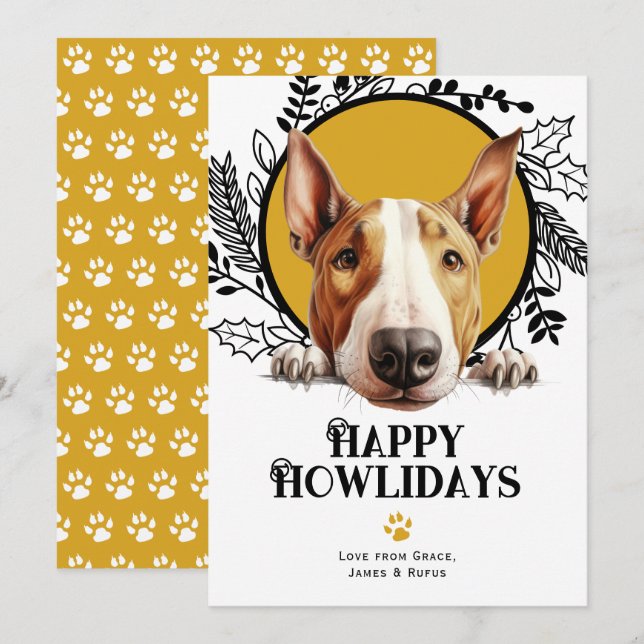 Tarjeta Festiva Perro del Terrier Bull Feliz de Howlidays (Anverso / Reverso)