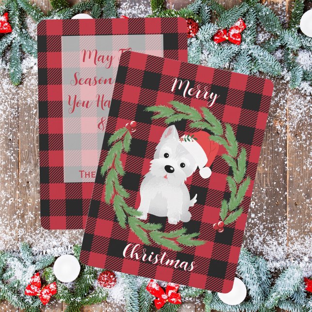 Tarjeta Festiva Perro del West Highland Con Búfalo De Santa Hat Ta (Merry Christmas West Highland Dog With Santa Hat Buffalo Plaid)