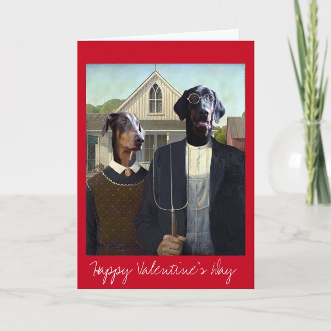Tarjeta Festiva Perro día de San Valentín americano gótico diverti (Anverso)