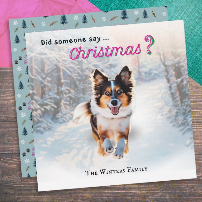 Tarjeta Festiva Perro divertido de pastor australiano en la nieve (A Christmas card with joyful-looking Australian Shepherd dog running through snow)