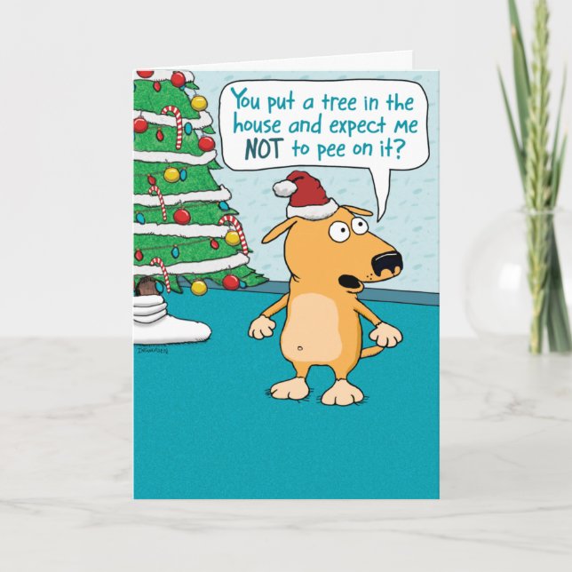 Tarjeta Festiva Perro divertido vs. Navidades de árbol (Anverso)