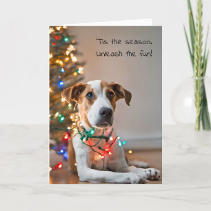 Tarjeta Festiva Perro enredado en luces de vacaciones