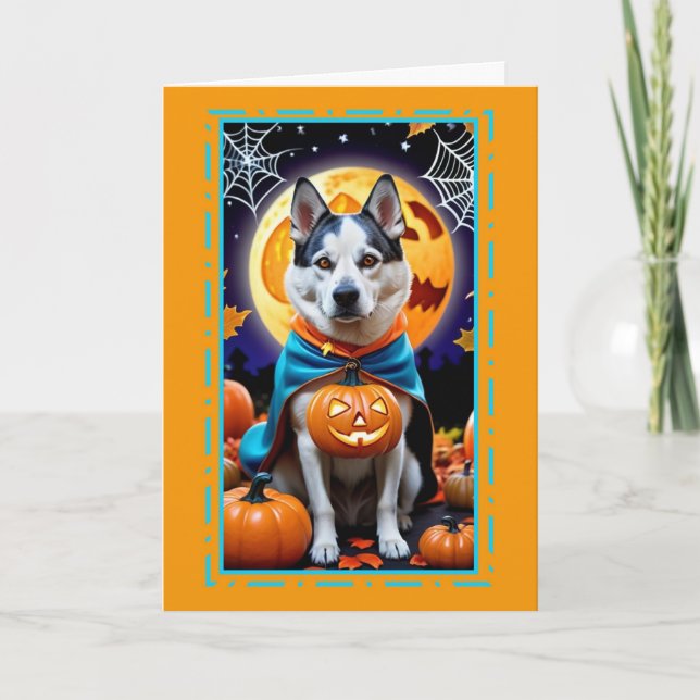 Tarjeta Festiva Perro feliz de Halloween disfrazado (Anverso)