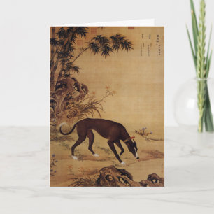 Tarjeta Festiva Perro Galgo Negro Vintage y Flores Rosadas