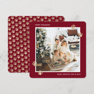 Tarjeta Festiva Perro Gato Foto Dorado Rojo Felices Pawlidays